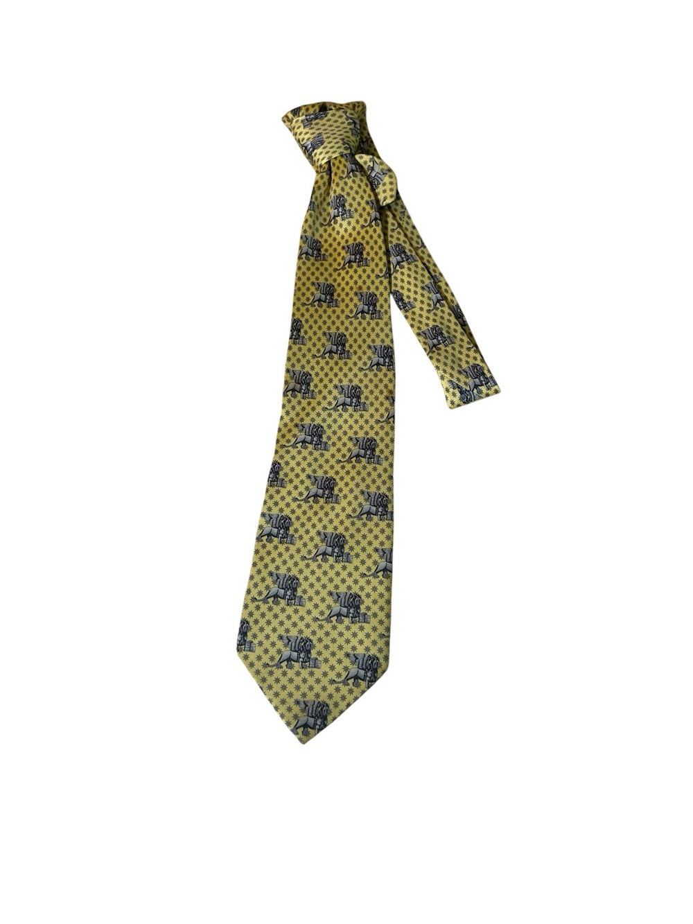 Yellow Patterned Men's Silk Tie with Navy Motif